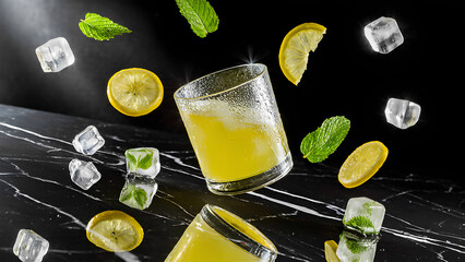 Yellow lemonade in a transparent glass with water droplets on the surface, showing cold condensation.