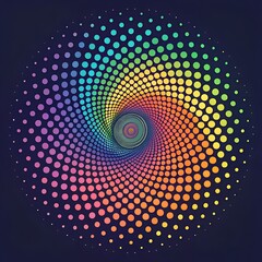 A vibrant spiral pattern made of colorful dots in a gradient of hues. The design creates a sense of movement and depth against a dark background.