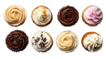 Freshly Baked Cupcakes: A flat lay of freshly baked cupcakes with icing, isolated on a Transparent background, PNG file.