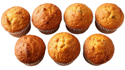 Freshly Baked Muffins: A flat lay of freshly baked muffins with golden-brown tops, isolated on a Transparent background, PNG file.