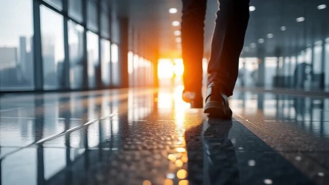 A person walks alone down a modern hallway with sunlight streaming through large windows ahead.