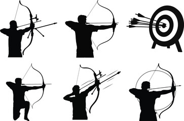 Archery silhouette vector set of archer with bow and arrow, target, shooting action, isolated on white background