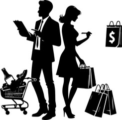 Couple shopping together with a cart and bag in silhouette, couple grocery listing  