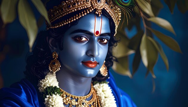 Portrait Of Deity With Blue Skin And Golden Ornaments, Lord Krishna - Powered by Adobe