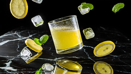 Yellow lemonade in a transparent glass with water droplets on the surface, showing cold condensation.