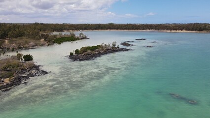 Aerial View of Northern Mauritius Coastline with Volcanic Islets and Crystal Lagoon