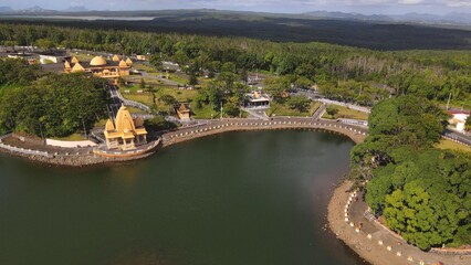 Aerial View of Ganga Talao Hindu Temple and Sacred Crater Lake in Mauritius Highlands
