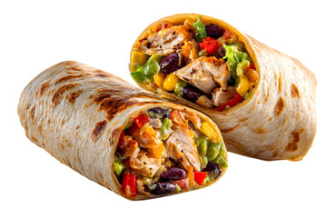 A flavorful chicken burrito cut in half, isolated on transparent background on transparent background