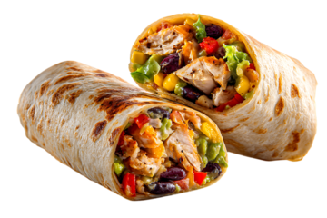 A flavorful chicken burrito cut in half, isolated on transparent background on transparent background