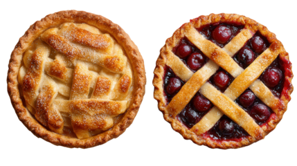 Freshly Baked Pies: A flat lay of freshly baked pies like apple and cherry, isolated on a Transparent background, PNG file.