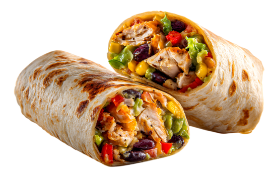 A flavorful chicken burrito cut in half, isolated on transparent background on transparent background