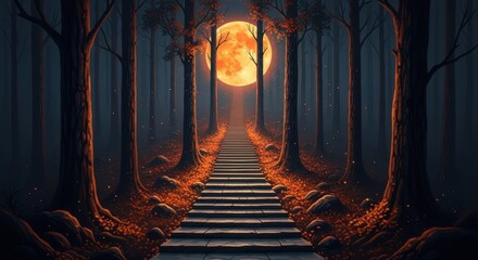 A mystical path of stairs leads through a dark, enchanted forest towards a large, glowing orange moon