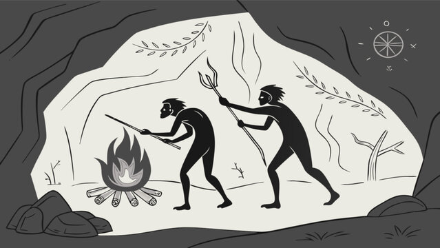 Cavemen making fire drawing vector illustration prehistoric art history ancient humans survival skills cave art design