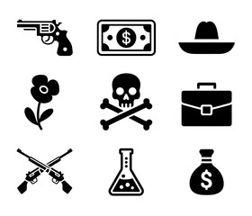 Crime and Mafia Icons Set. Gun, Money, Hat, Skull, Briefcase, Crossed Rifles, Chemical Flask, and Money Bag, Underworld and Gangster Vector