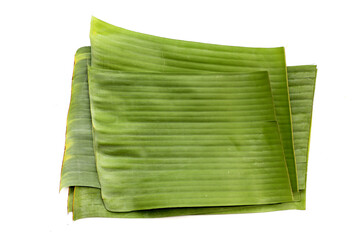 Banana leaves on a white background, commonly used in traditional cooking.