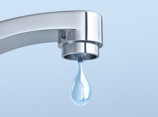 Water tap with dripping water close up isolated on blue background. Clipping path included