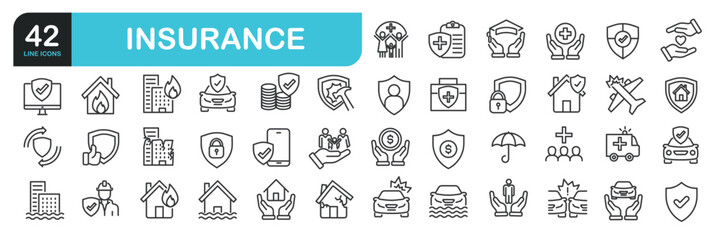 Set of line icons related to insurance, finance,  risk, healthcare. Outline icons collection. Editable stroke. Vector illustration