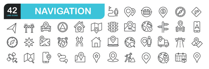 Set of line icons related to road, map, navigation, walking, journey.  Outline icons collection. Editable stroke. Vector illustration