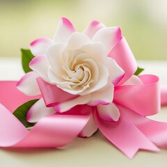 Detailed close-up of a delicate, sculpted flower with a pink ribbon.