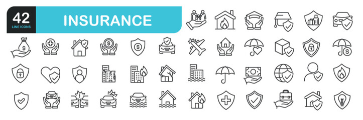 Set of line icons related to insurance, finance,  risk, healthcare. Outline icons collection. Editable stroke. Vector illustration