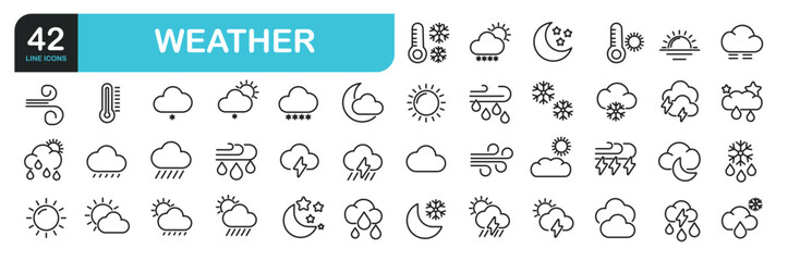 Set of line icons related to sun, cloud, wind, storm, cold temperature. Outline icons collection. Editable stroke. Vector illustration