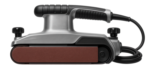Belt sander with an elongated abrasive belt for carpentry workshops.