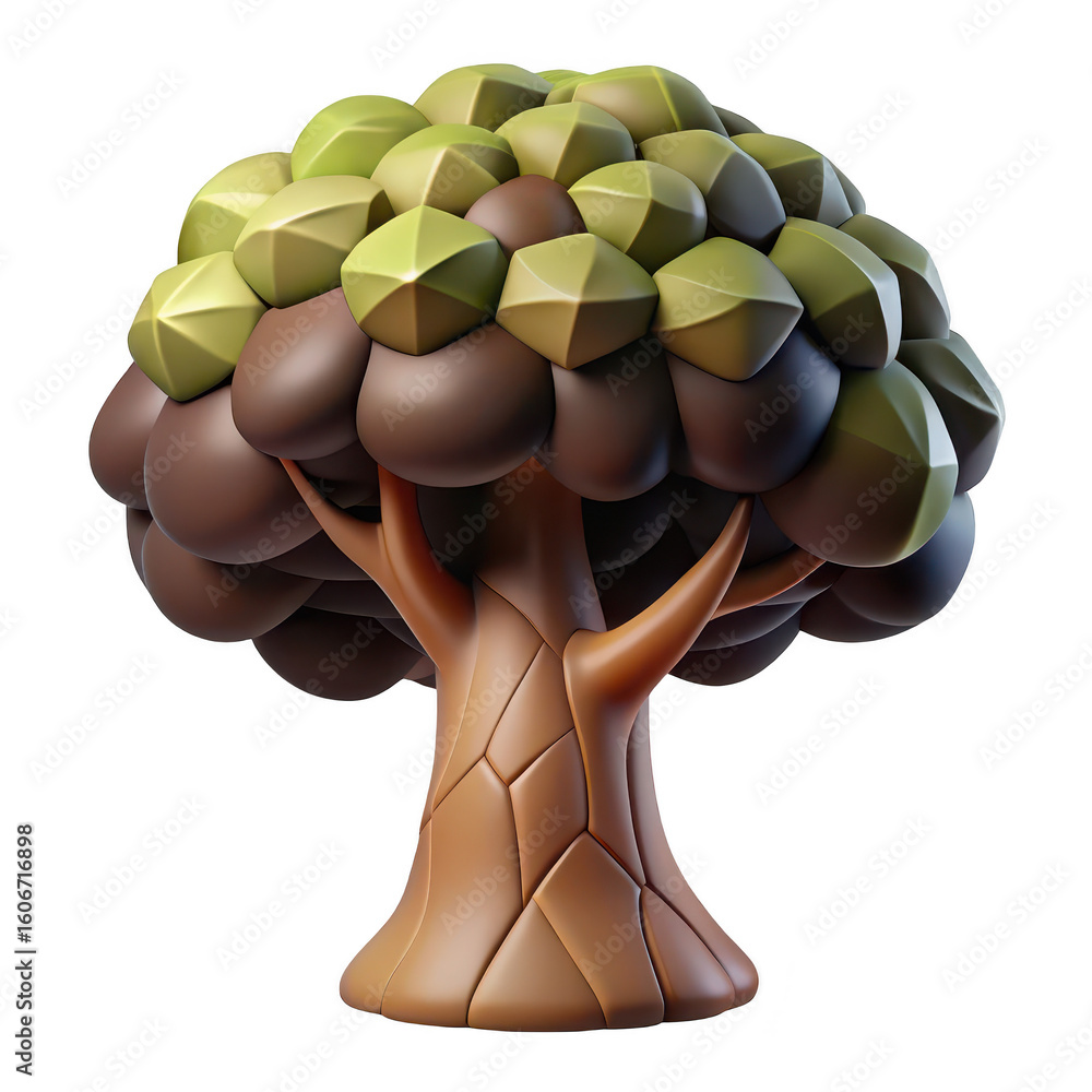 Poster stylized 3d rendered cartoon tree with segmented brown trunk and green foliage isolated on transpare