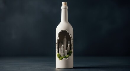 A white wine bottle creatively transformed to showcase a miniature city landscape with lush greenery