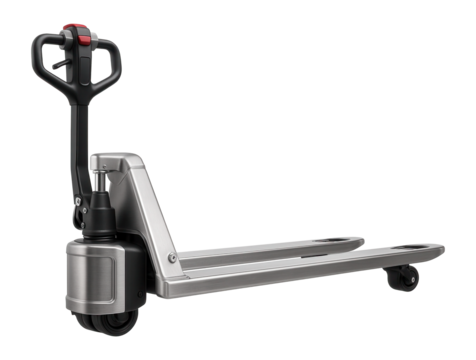 Electric hydraulic pallet jack with an integrated battery for reduced manual effort in a distribution warehouse.