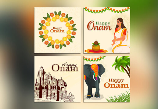 Onam Festival Social Media Graphics &ndash; Floral Pookalam, Temple Sketch, Elephant Decor, and Traditional Indian Woman