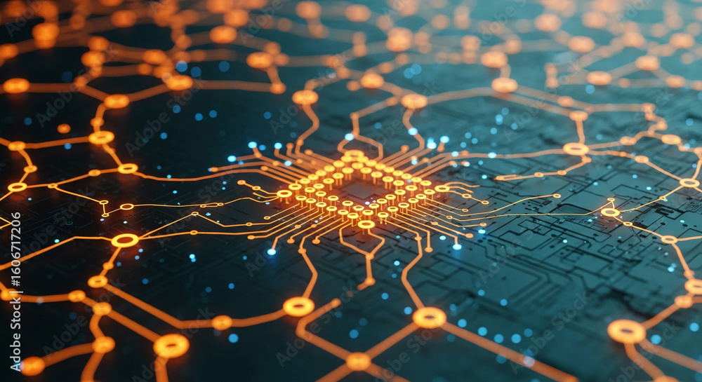 Poster close-up of circuit board with glowing orange pathways, central processor highlighted, illustrating 