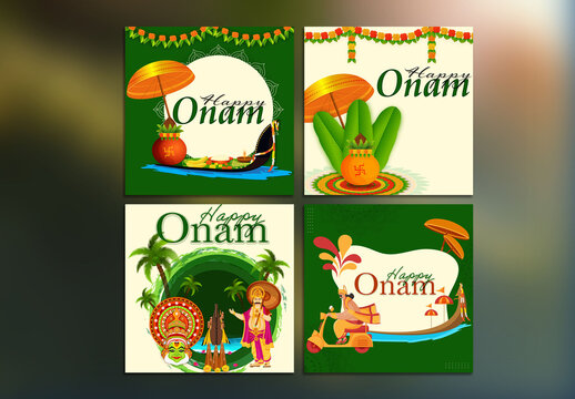 Happy Onam Festival Social Media Post Set &ndash; Traditional Kerala Celebrations with Festive Illustrations