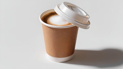 A brown paper cup with a white lid and a white foam top, filled with coffee, is placed on a white background.