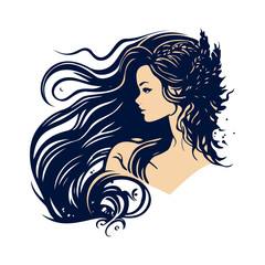 Graceful woman portrait design with flowing hair and floral accents, ideal for beauty brand elements or creative artistic projects.