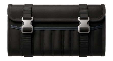 Compact roll-up tool bag with individual slots for wrenches in an automotive repair garage.