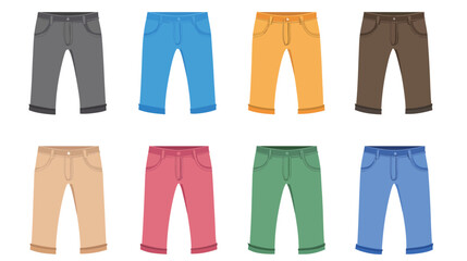 Trousers solid element set vector graphic design, various pants styles in filled icon format, fashion clothing collection for wardrobe, garment catalog, or apparel illustrations