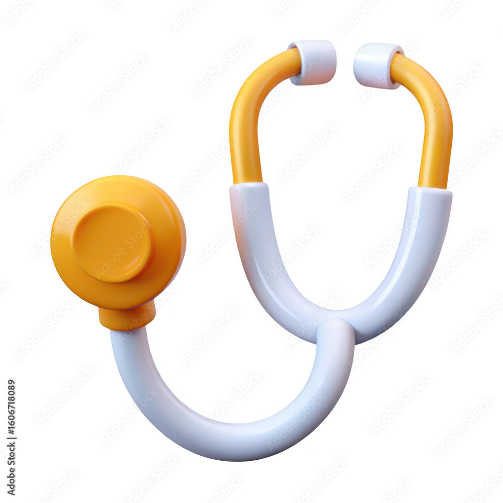 Poster stylized 3d rendering of a medical stethoscope with yellow and white components isolated on transpar