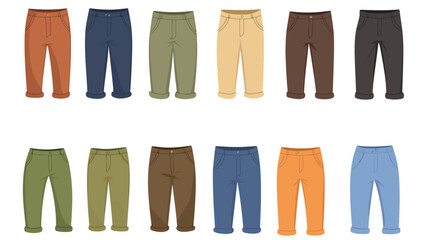 Trousers solid element set vector graphic design, various pants styles in filled icon format, fashion clothing collection for wardrobe, garment catalog, or apparel illustrations