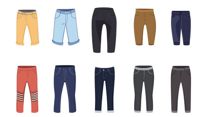 Trousers solid element set vector graphic design, various pants styles in filled icon format, fashion clothing collection for wardrobe, garment catalog, or apparel illustrations