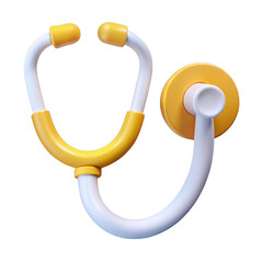 Stylized 3d rendering of a medical stethoscope with yellow accents isolated on transparent background