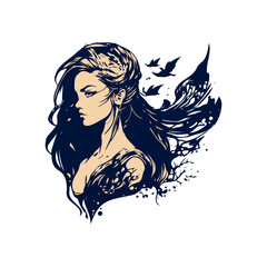 Elegant woman with flowing hair and birds artwork makes a versatile graphic for beauty, fashion, and artistic applications.