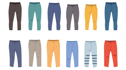 Trousers solid element set vector graphic design, various pants styles in filled icon format, fashion clothing collection for wardrobe, garment catalog, or apparel illustrations