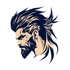 Bold man profile design with an intense gaze and flowing hairstyle, perfect for strong logos and captivating character graphics.