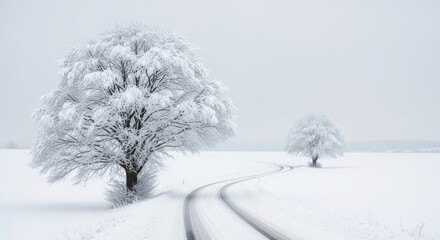 A winding road through a snowcovered landscape with two majestic trees