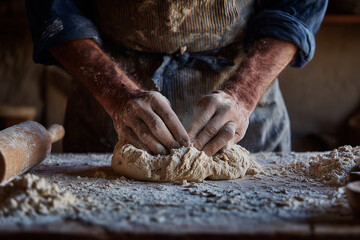 A man is kneading dough on a table