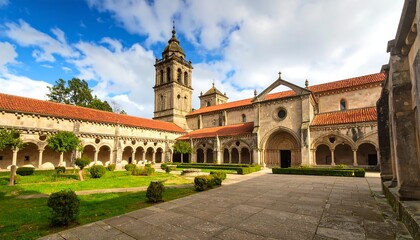 Ancient monastery courtyard under a partly cloudy sky