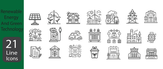 Collection of renewable energy and green technology icons isolated on white background