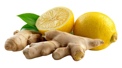 A lemon and a piece of ginger are on top of a white background