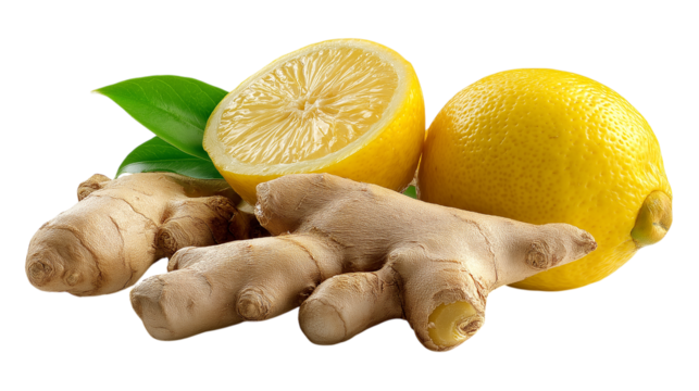A lemon and a piece of ginger are on top of a white background