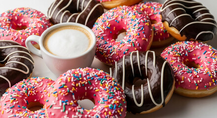 Close-up of assorted donuts with chocolate and pink icing, sprinkles, and a cup of cappuccino, showcasing a tempting breakfast or coffee break scene